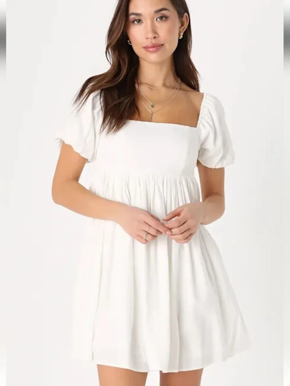 Lulus Uniquely Sweet White Puff Sleeve Babydoll Dress Size Small - Picture 2 of 2